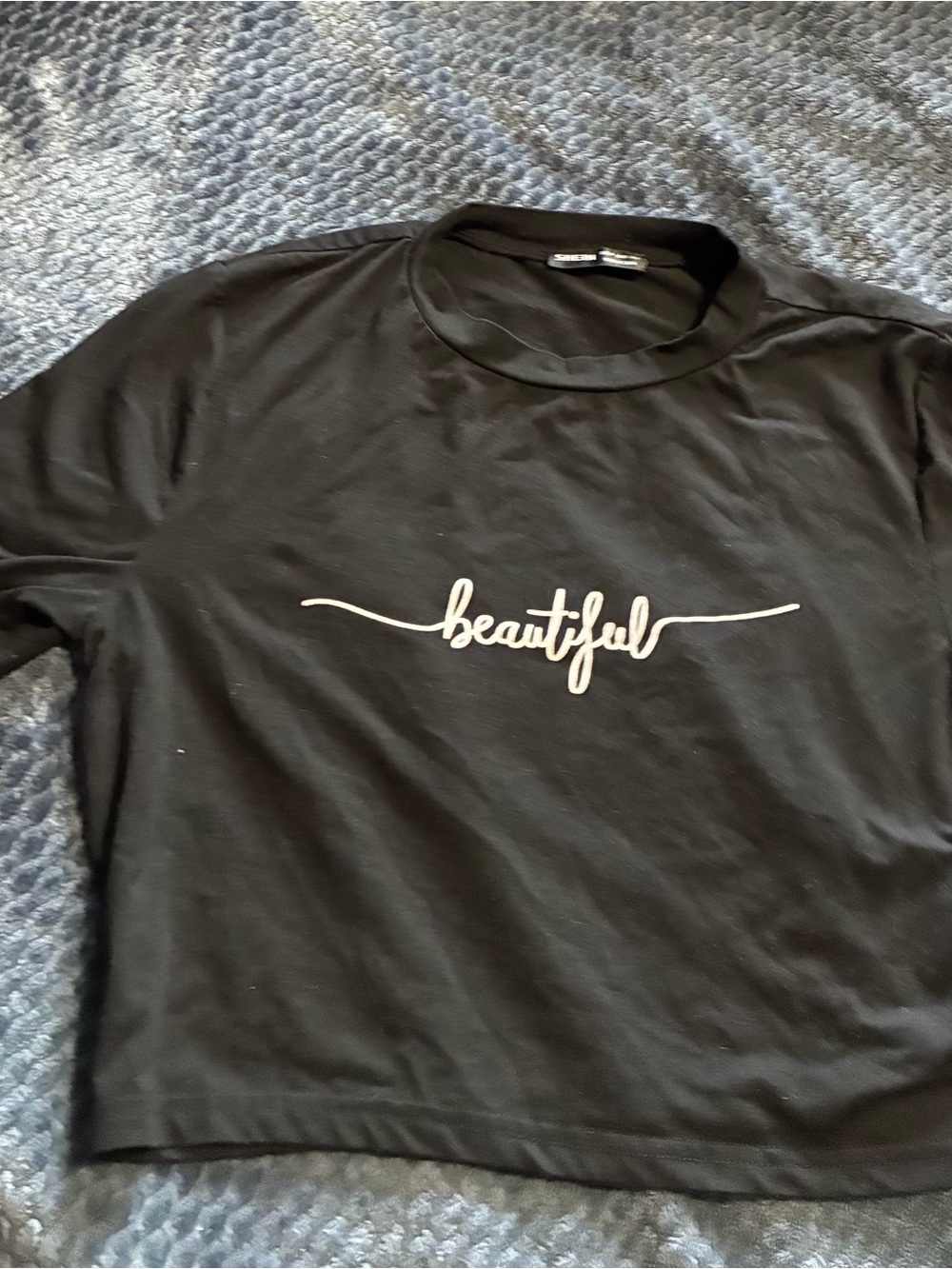 SHEIN Black Long Sleeve Crewneck Tee with White "beautiful" Script